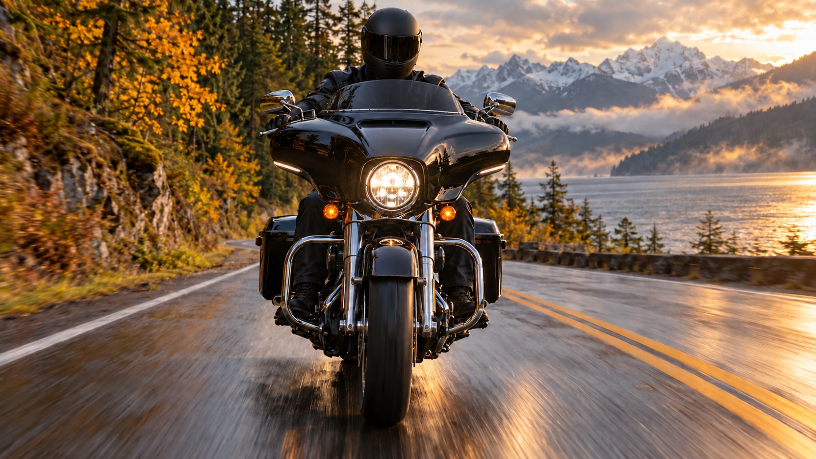 A rider on SR-106 along the Hood Canal shoreline in late fall