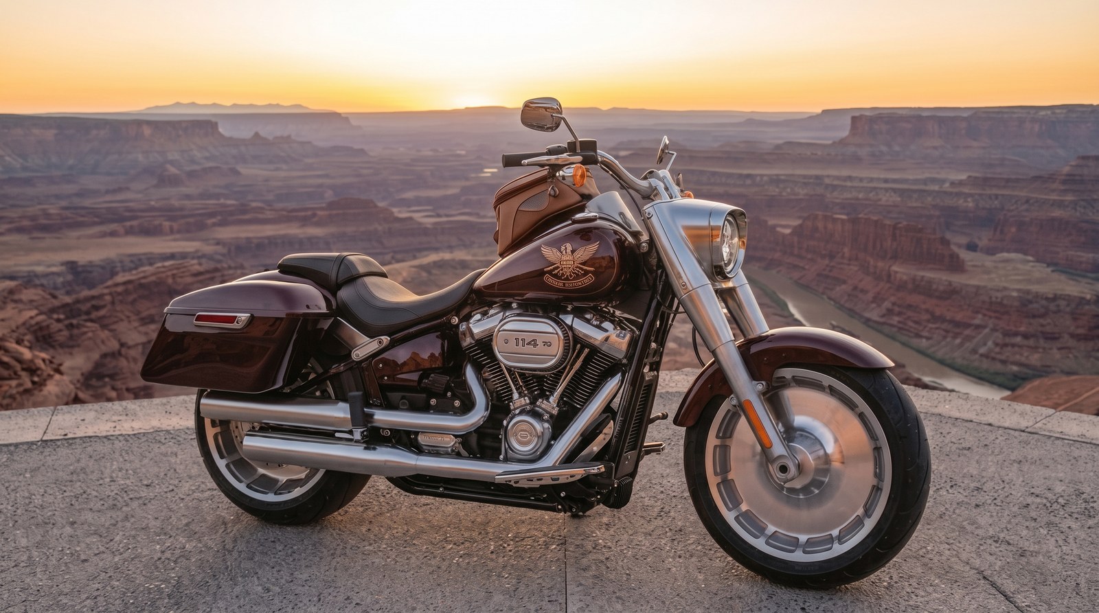 Harley Fat Boy at a canyon overlook at sunset