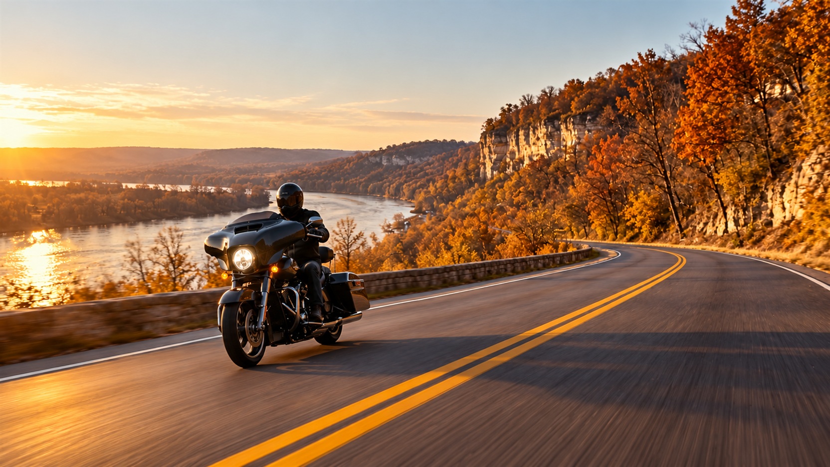 A rider on Illinois Route 2 along the Rock River in late fall