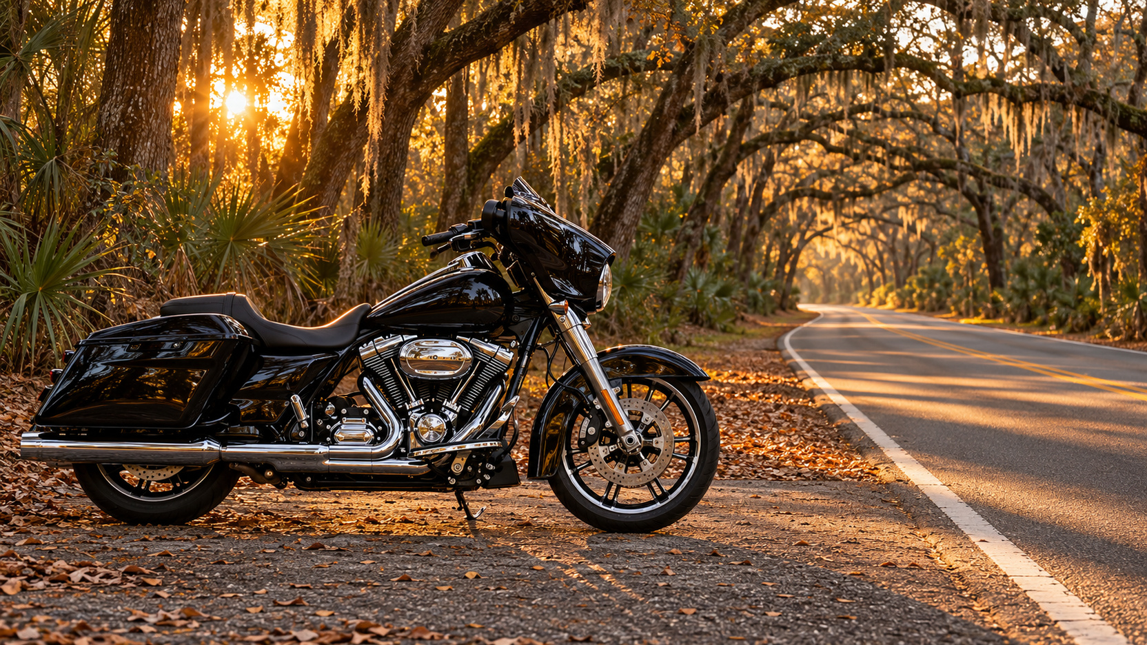 A rider under the live oak canopy on the Ormond Scenic Loop in late fall