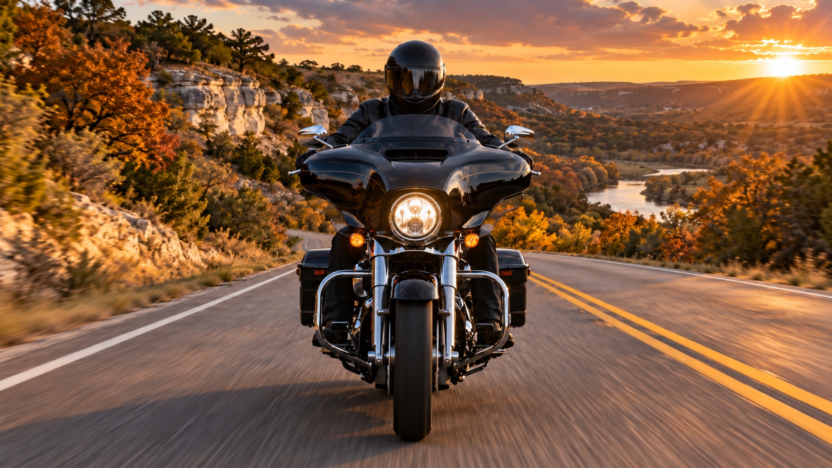 A rider on a Texas two-lane near Glen Rose and the Paluxy River in late fall