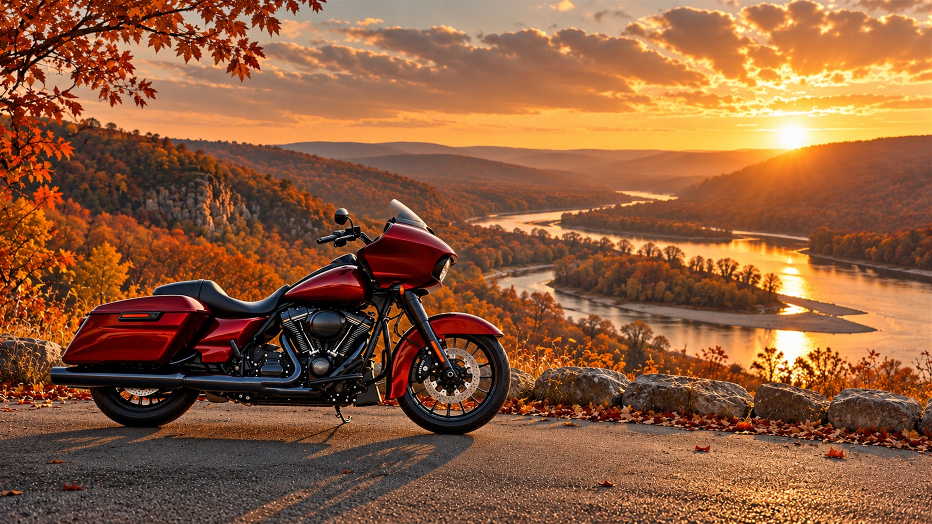 A rider on OK-10 above the Illinois River near Tahlequah in late fall
