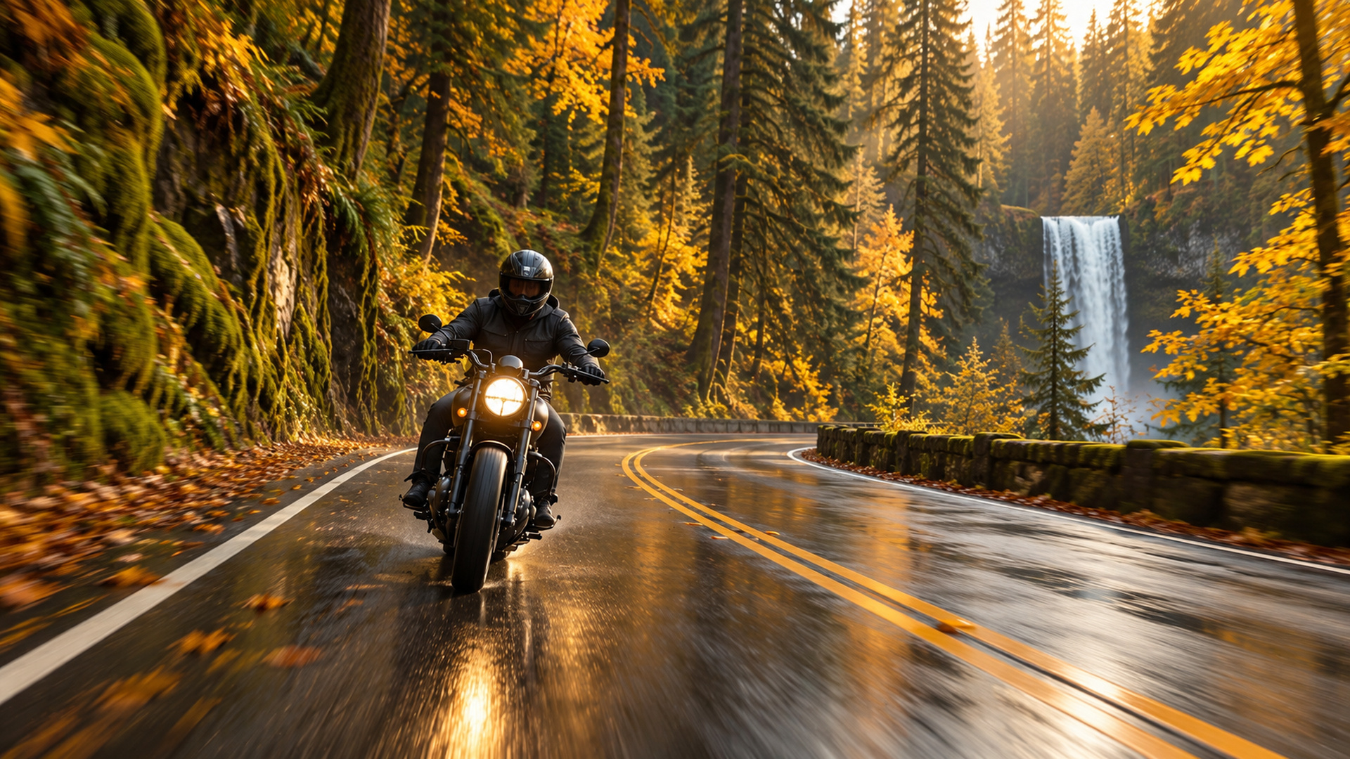 A rider on Oregon Route 214 through the Douglas fir forest near Silver Falls State Park in late fall