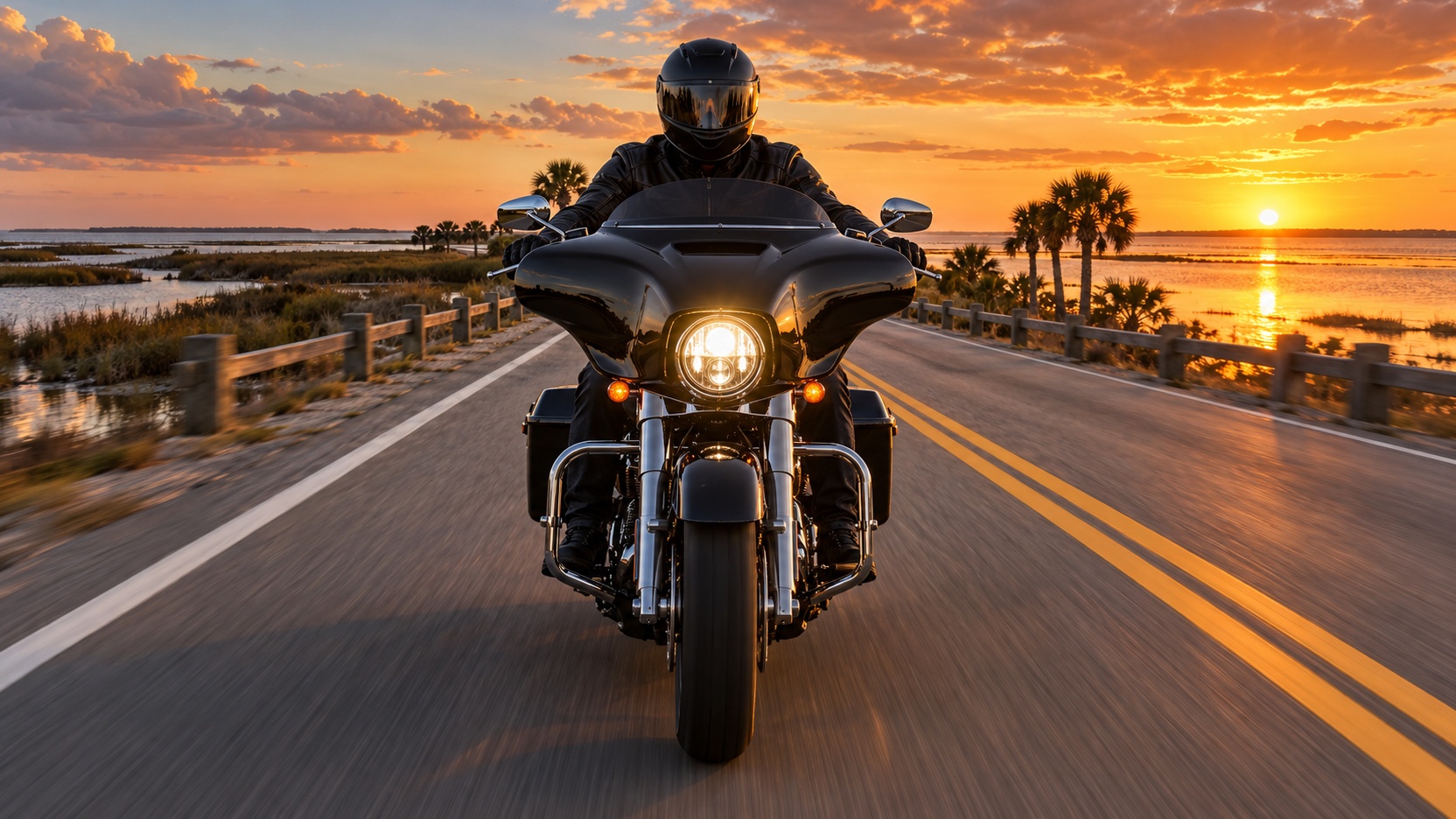A rider on State Road 24 through the salt marsh near Cedar Key in late fall