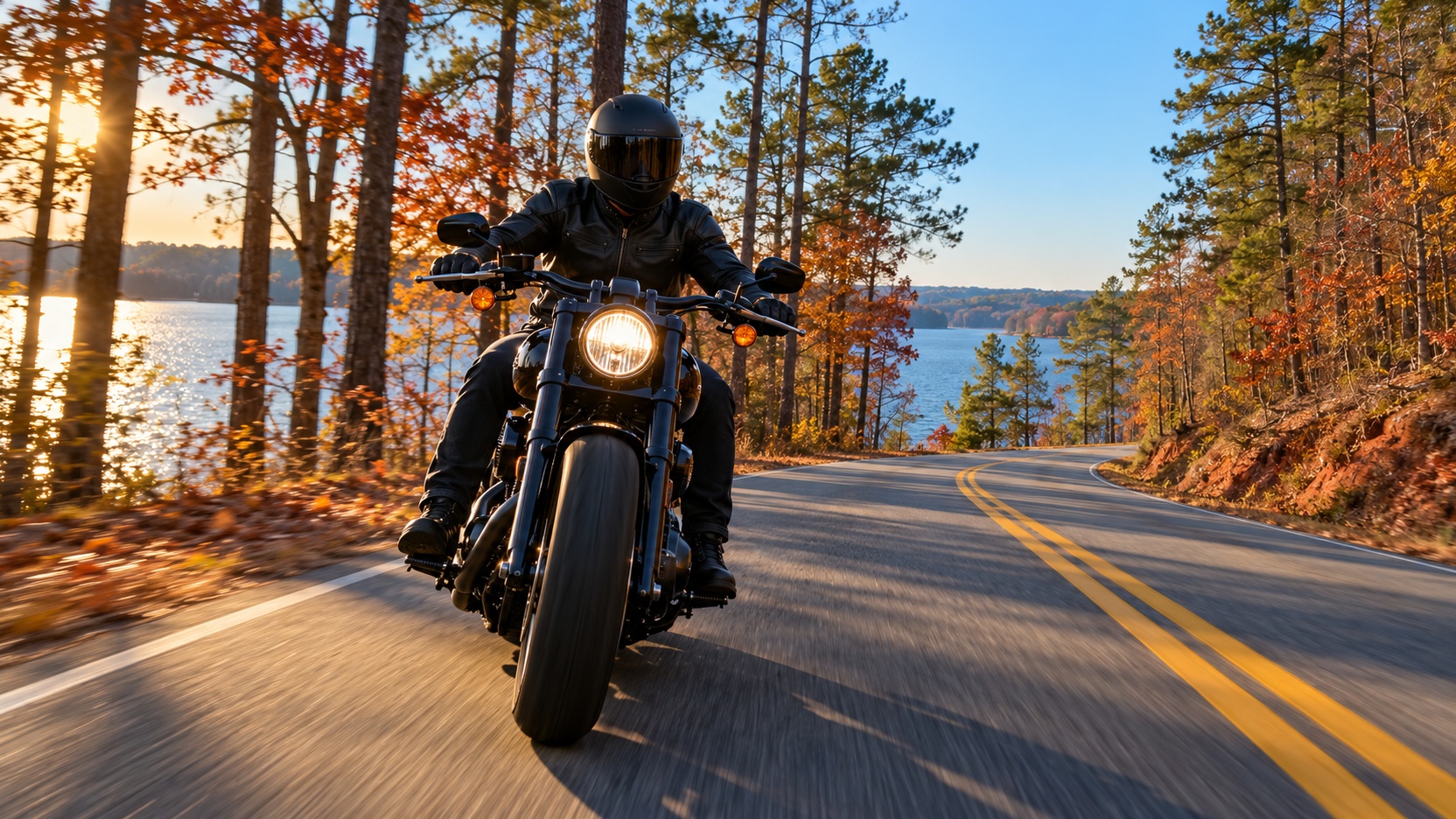 A rider on a two-lane road through the pine woods along Lake Thurmond in late fall