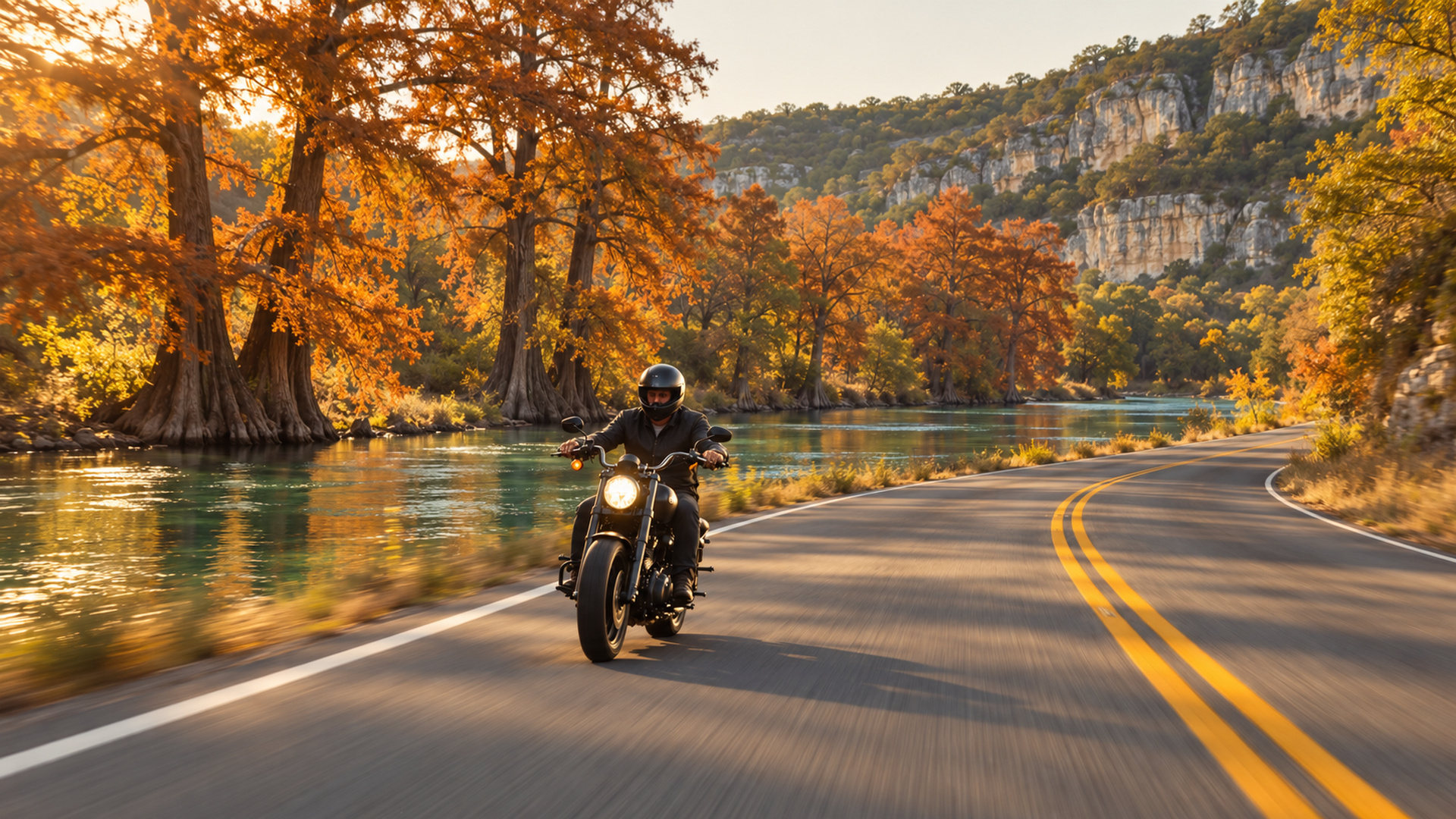 A rider on River Road beside the Guadalupe River with bald cypress turning rust in late fall