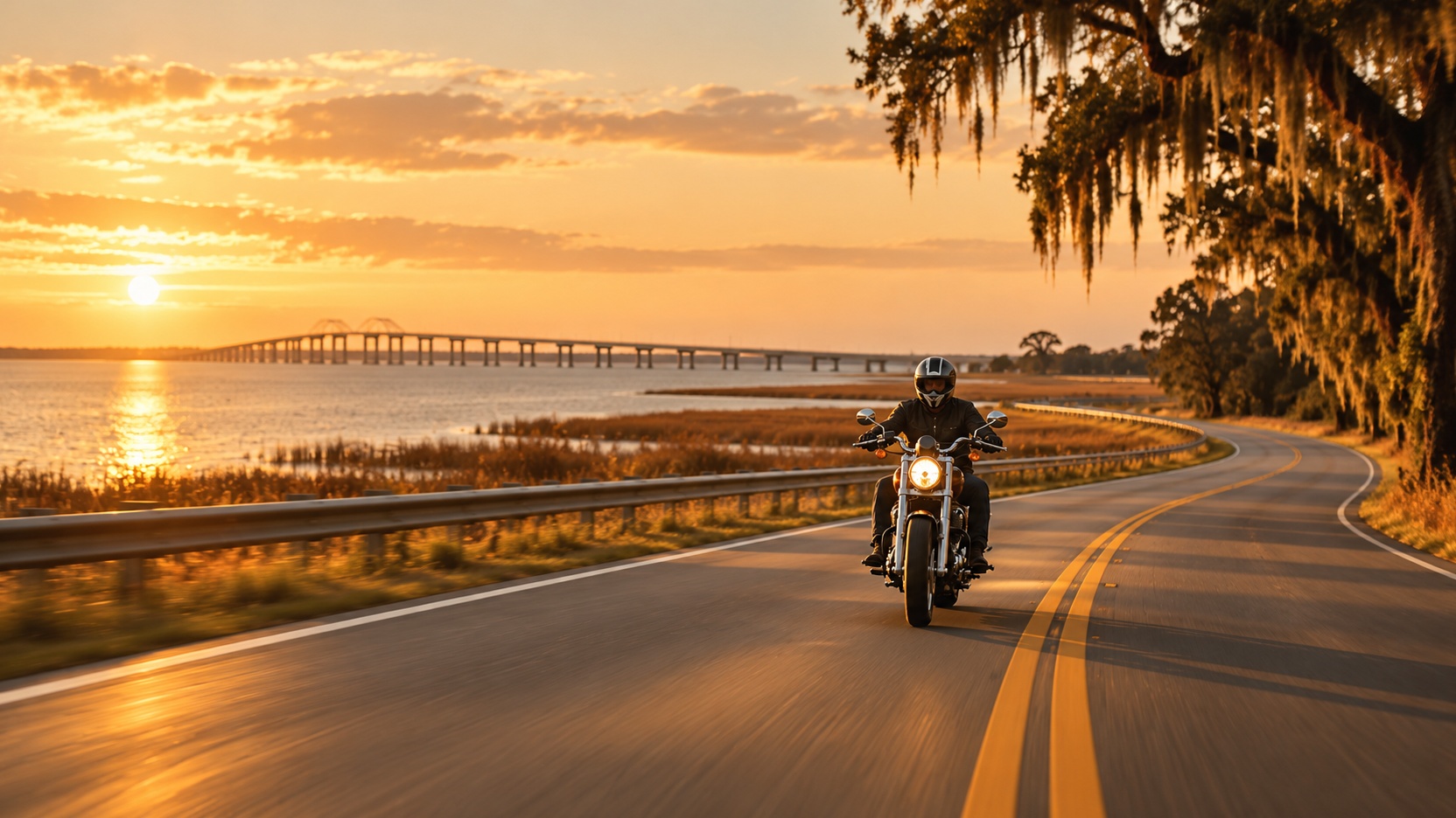 A rider on the road to Dauphin Island along the Alabama Gulf Coast in late fall
