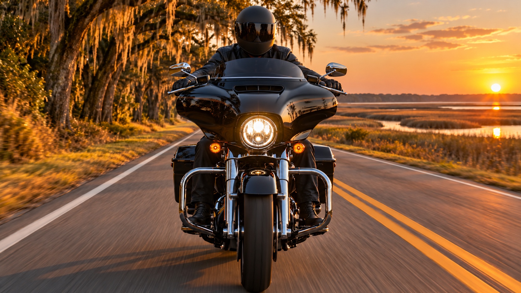 A rider on a coastal two-lane through the marsh near Ocean Isle Beach in November