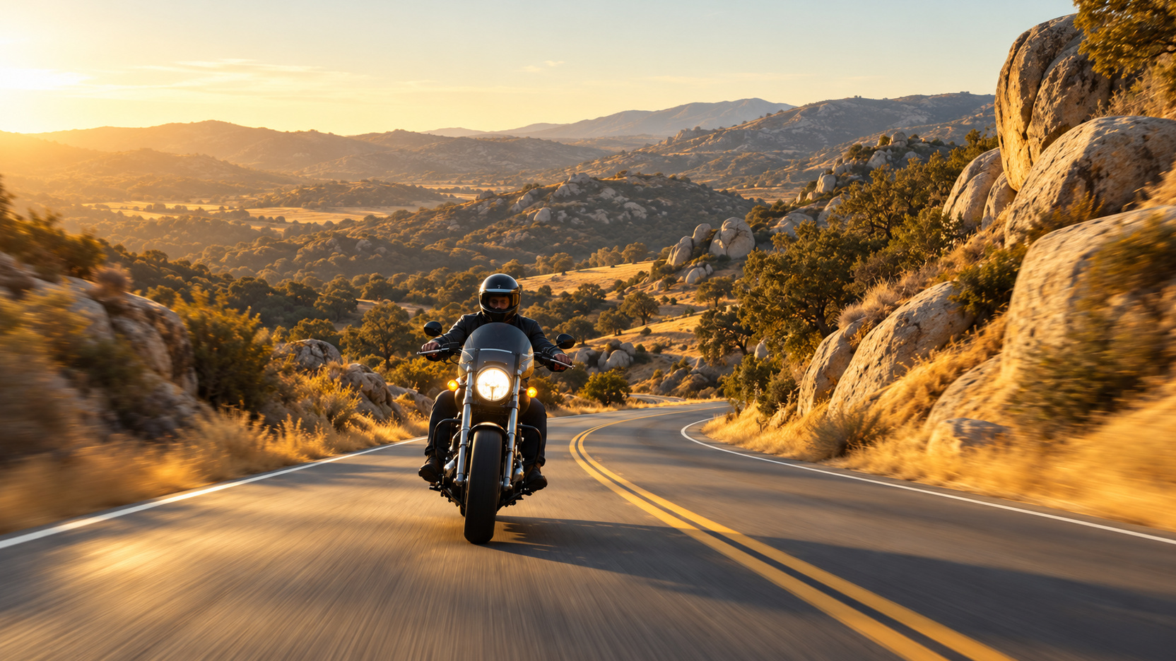 A rider on California State Route 94 through the East County backcountry in late fall