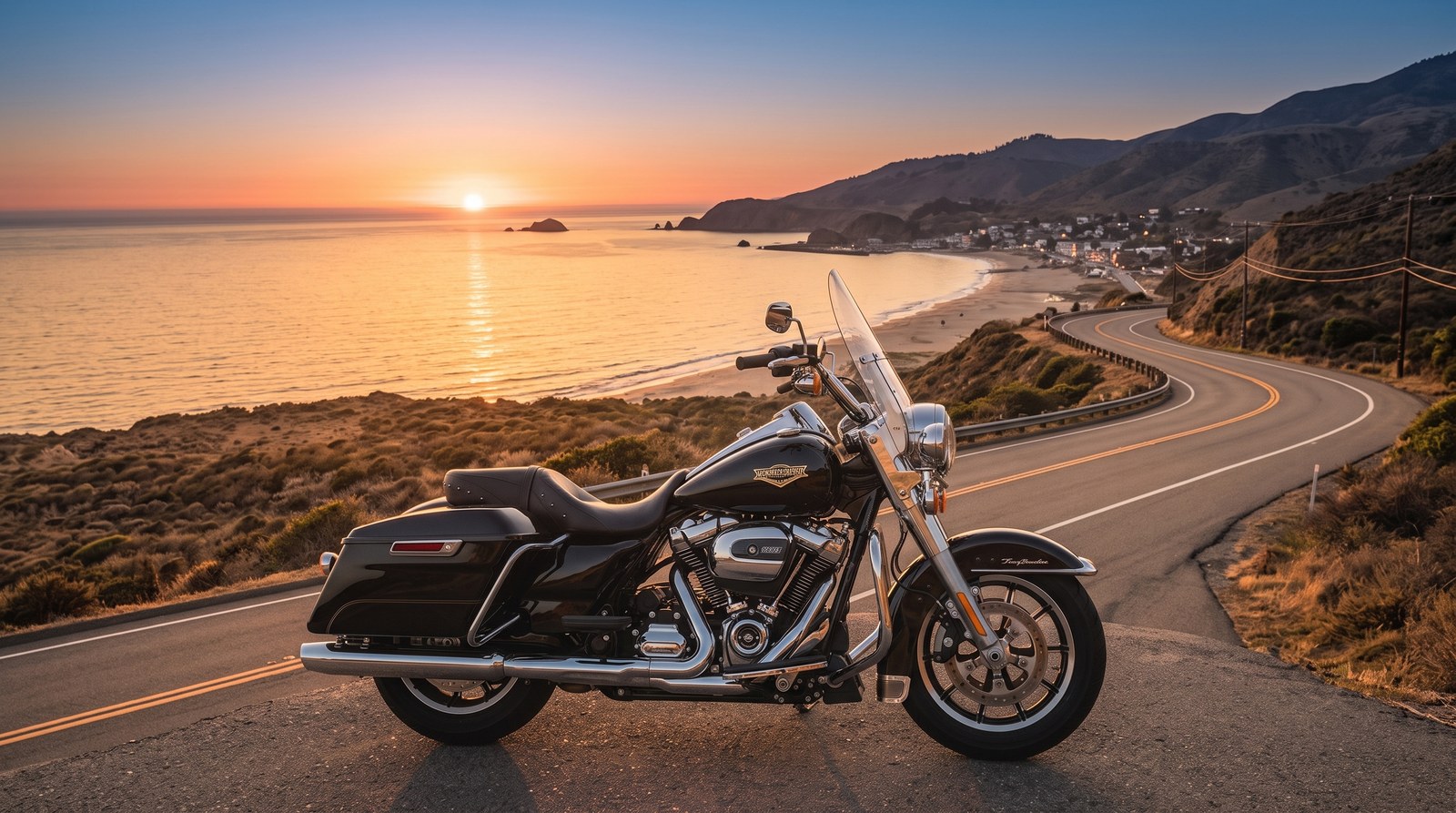 Harley cruiser on the coast highway at sunset