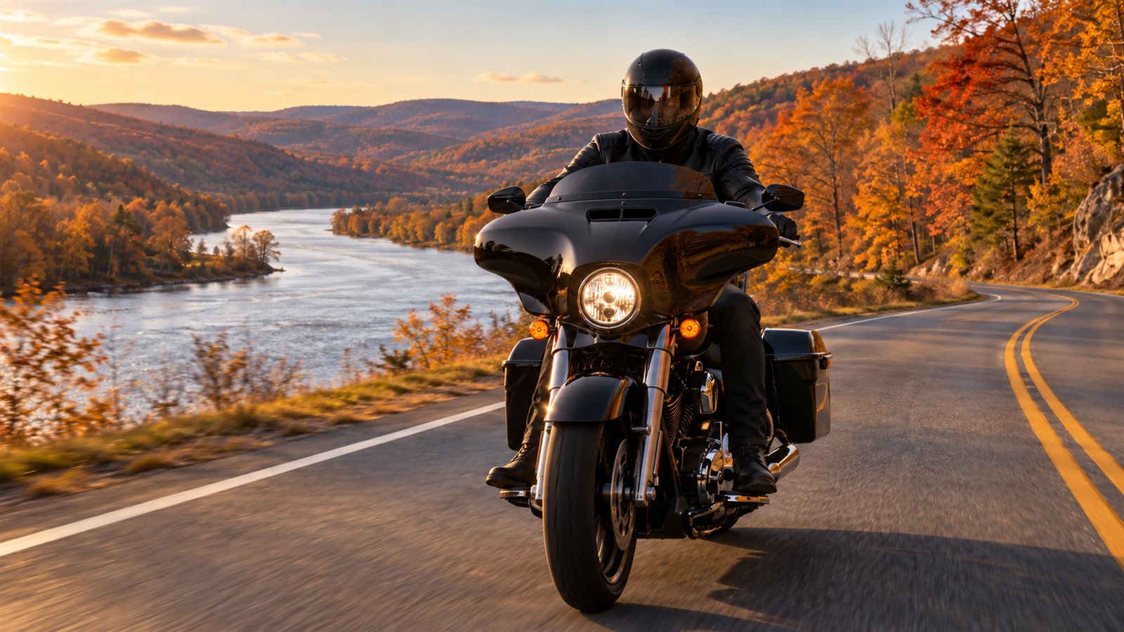 A rider on NY Route 17C along the Susquehanna River west of Binghamton in late fall