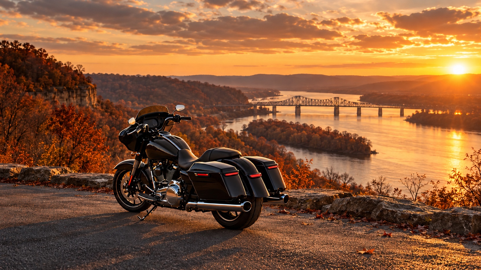 A rider on a Kentucky two-lane through late-fall oak woods near the Ohio River at Brandenburg